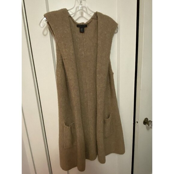 Tahari Cardigan Vest Women Size M Dark Beige Hooded Longline Pockets Sleeveless - Picture 2 of 8